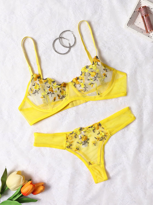 Yellow For Women Transparent Embroidered Underwear Transparent Hot Lingerie Panties Intimates Woman Two Piece Set Clothing