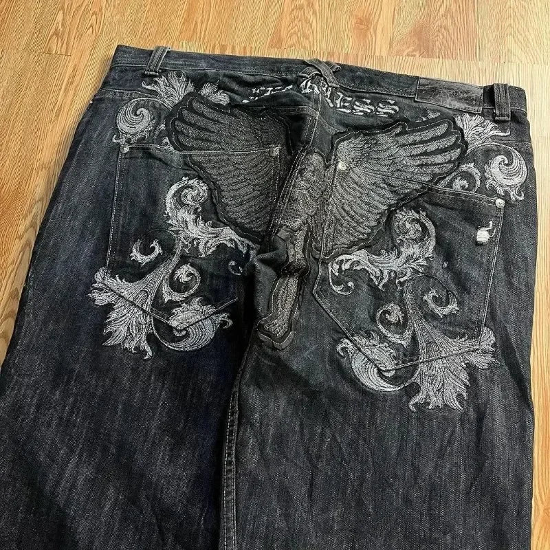 Black devil wings hip hop straight jeans y2k new high waist street skateboard Harajuku style sports fashion retro loose trousers