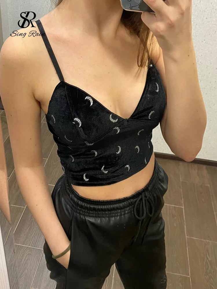 SINGREINY Women Retro Velour Strap Tops Summer V Neck Sleeveless Backless Slim Tank Top Chic Print Sexy Off Shoulder Short Camis