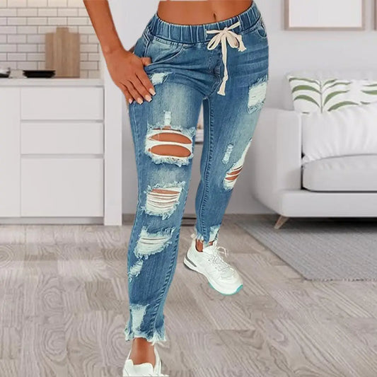 Womens Stretch Skinny Ripped Hole Washed Denim mom Jeans Female Slim Jeggings High Waist Pencil Pants Trousers