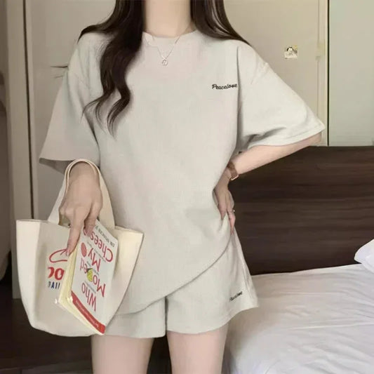 Simple Casual High Waisted Short Summer Women's Suit Loose Short Sleeve Shorts Sets Fashion Versatile Embroidery Two Piece Set