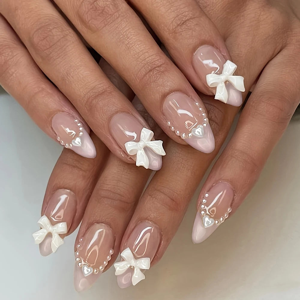 24pcs short and medium-sized fake nails pink almond nail, 3d White Bow, pearl love design，Y2K press on nails, suitable for women