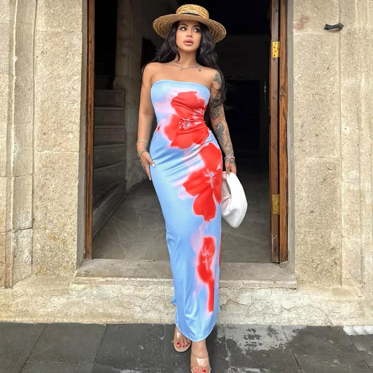 Sexy Strapless Print Tube Maxi Dress Women Off Shoulder Backless Stretch Long Sundress 2024 Summer New Beach Y2K Clothes