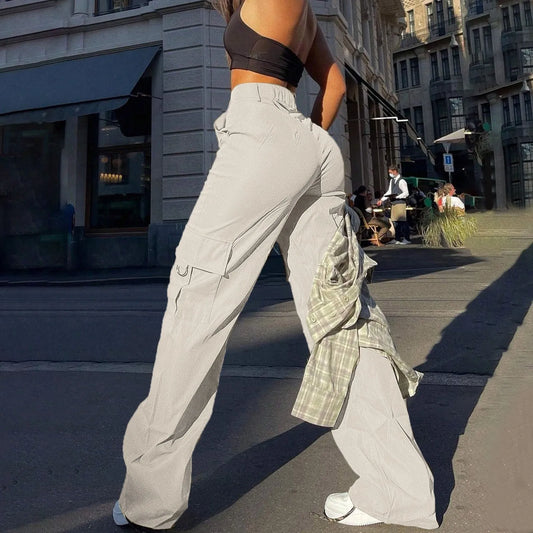 Streetwear Basic Buckle Cargo Pants Women Parachute Trousers Solid Straight Leg Big Pockets Baggy All-Match Y2K Sweatpants Chic