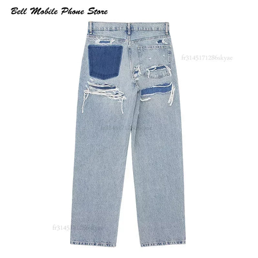 Women's Fashion Jeans Solid Colour Loose Trousers Gradient Colour Casual Streetwear Pant Broken Holes Decorated Jeans