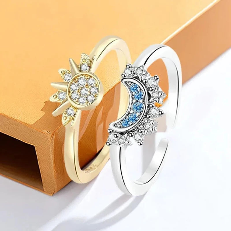 Fashion Delicate Sun Moon Opening Adjustable Rings For Women Temperament Sparkling Couple Finger Rings Wedding Jewelry Gifts