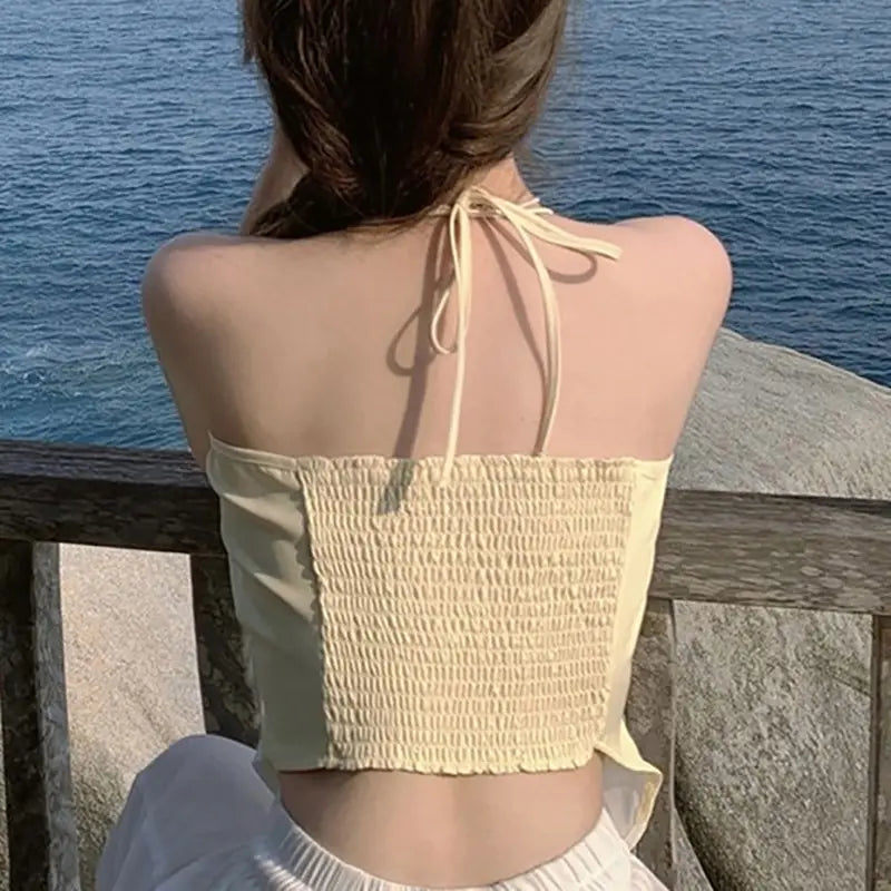 Cropped Camis Print Backless Sexy Summer Holiday Irregular Ladies Tops Elegant Sweet Lovely Korean Style Stylish Prevalent Chic