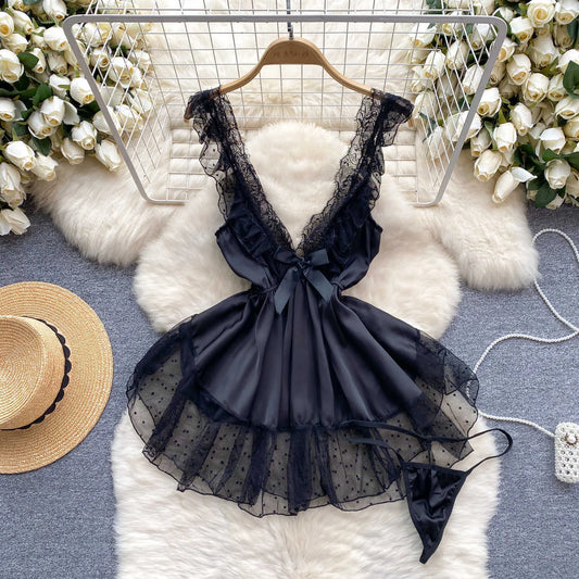 Romantic Women's Satin Lace Chemise Nightgown Bow Tie Ruffle Swiss Dots Lingerie Sleepwear Sexy Dress Jumpsuit Sensual Bodysuit