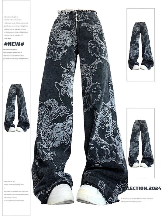 Women Black Gothic Dragon Print Jeans Baggy Vintage Aesthetic Cowboy Pants Harajuku Denim Trousers Y2k Trashy 2000s Clothes 2024