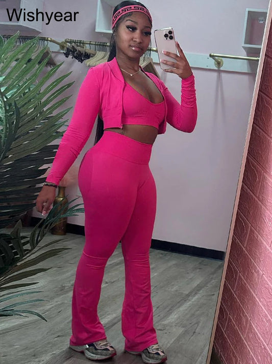 Fashion Solid 3 Pieces Sets Women Long Sleeve Crop Tops+Tanks+Flare Pants Active Fitness  Jogging Tracksuits Streetwear Outfits