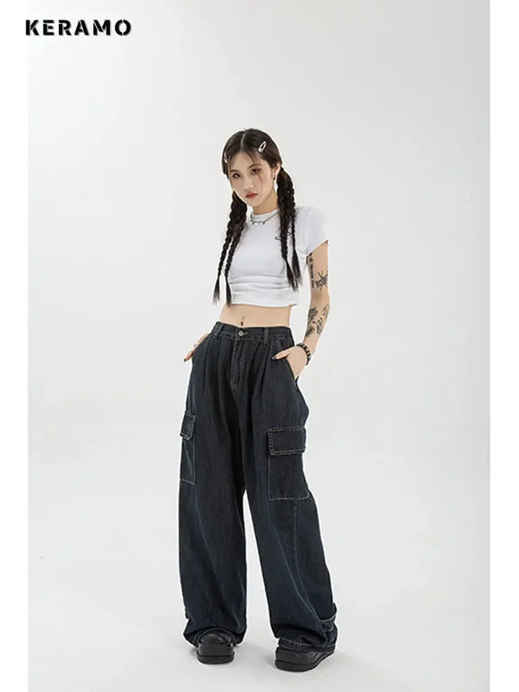 Autumn Women Harajuku Cargo Baggy Blue Jeans Streetwear Hip Hop Oversize Casual Wide Leg Vintage Demin Pants Y2k Loose Trousers