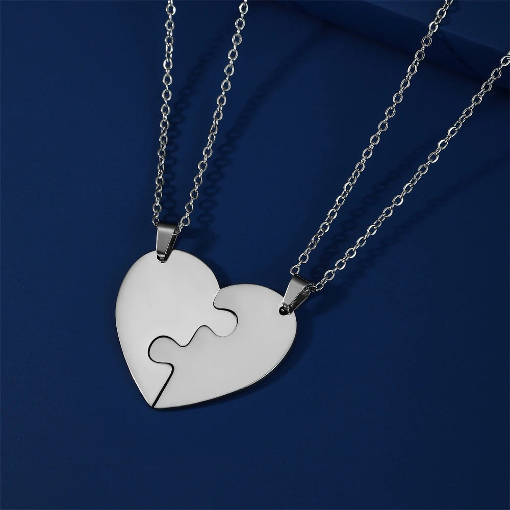 Amaxer Stainless Steel 2 Pcs Pair Choker Engagement Wedding Necklaces For Women Couple Heart Puzzle Pendant Necklace Jewelry