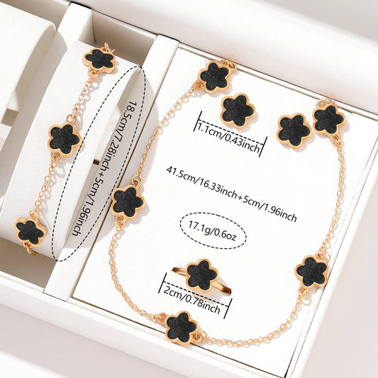 5 Piece Set Women Five Leaf Clover Bracelets New French Niche Necklaces Bracelets Rings Earrings Set Fashionable And Versatile