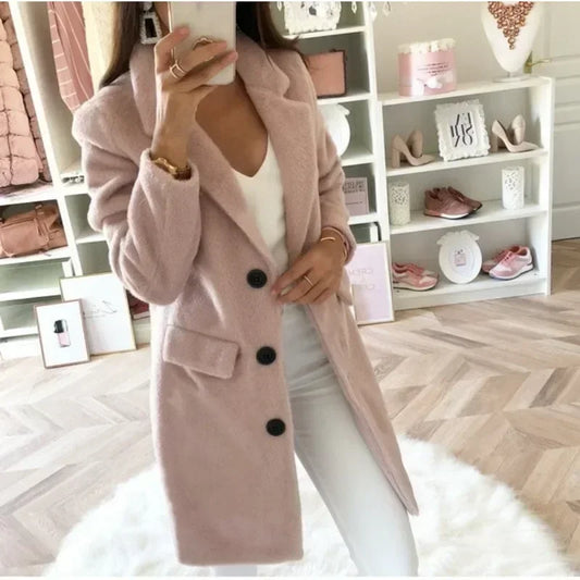 Women's Autumn Commuter Coat Suit Collar Medium Length Fashion Double Breasted Solid Color Woolen Coat Elegant Women's Coat