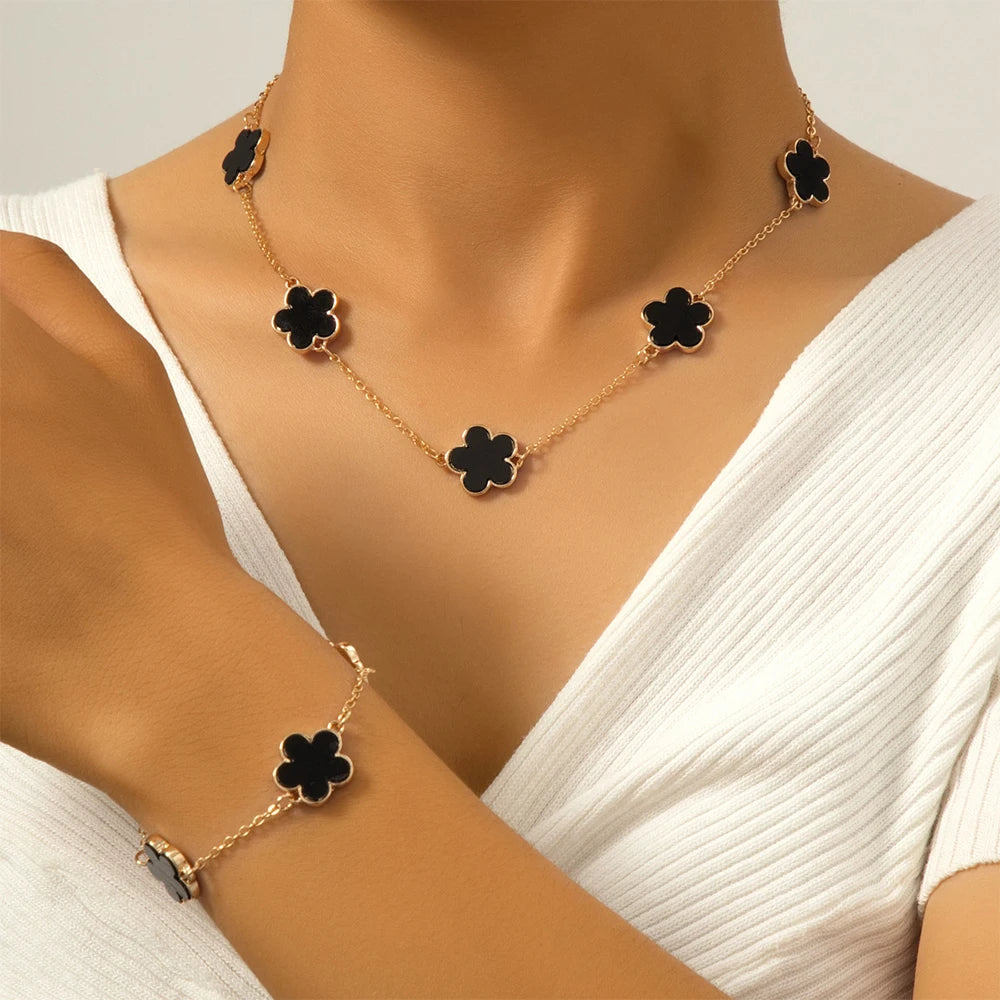 5 Piece Set Women Five Leaf Clover Bracelets New French Niche Necklaces Bracelets Rings Earrings Set Fashionable And Versatile