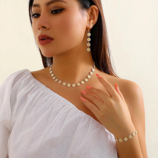 3Pcs Kpop Tiny Flower Daisy Clavicle Chain Necklace Bracelet Women Wed Summer Sweet Piercing Drop Earring Aesthetic Jewelry Set