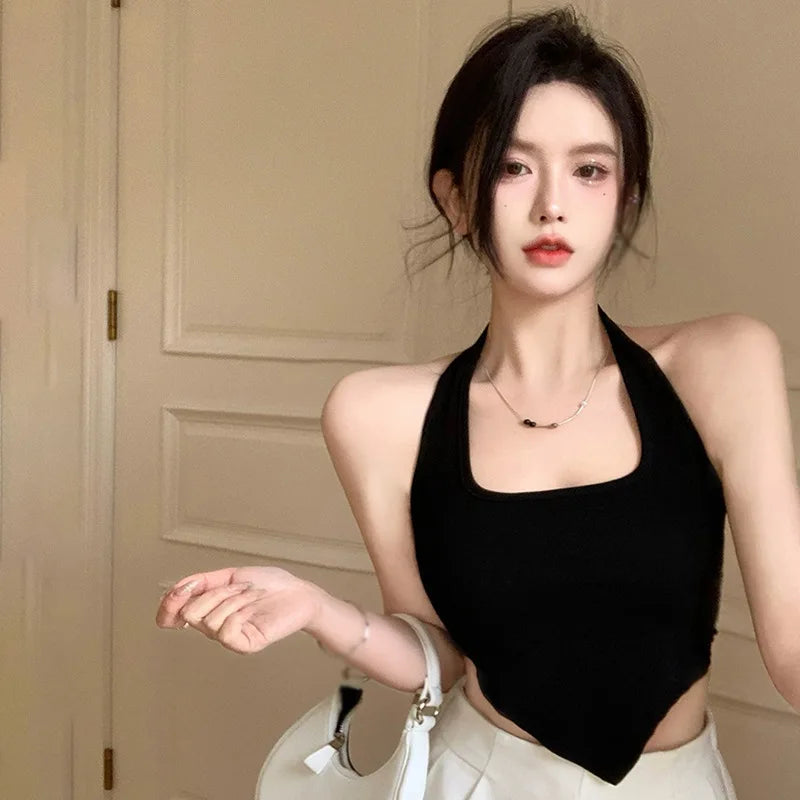 Y2K Backless Tank Top Sexy Square Neck Halter Crop Tops Irregular Shape Skinny Slim Sleeveless Vest Summer Women Camisole