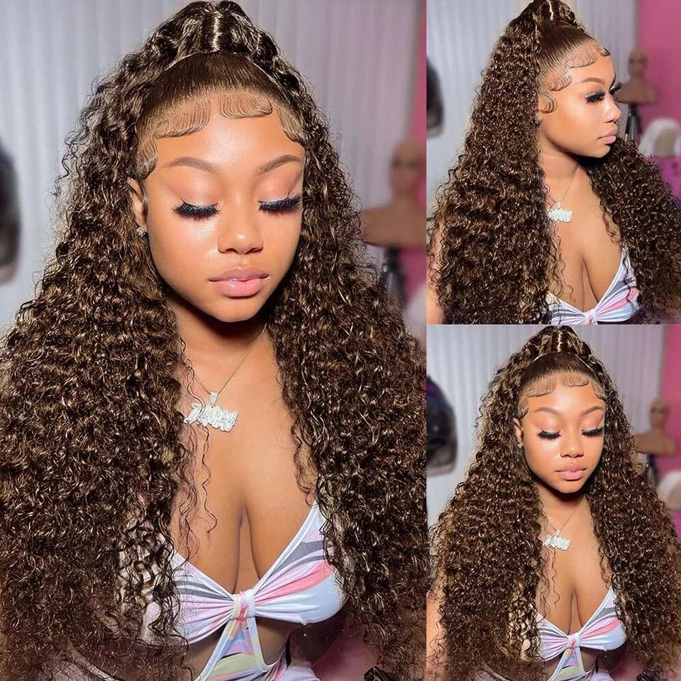 13x4 Chocolate Brown Deep Wave Lace Front Wig Bleached Knots HD Transparent 13x6 Lace Frontal Wig Brown Curly Human Hair Wigs