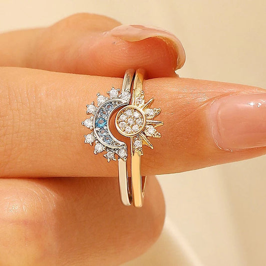 Fashion Delicate Sun Moon Opening Adjustable Rings For Women Temperament Sparkling Couple Finger Rings Wedding Jewelry Gifts