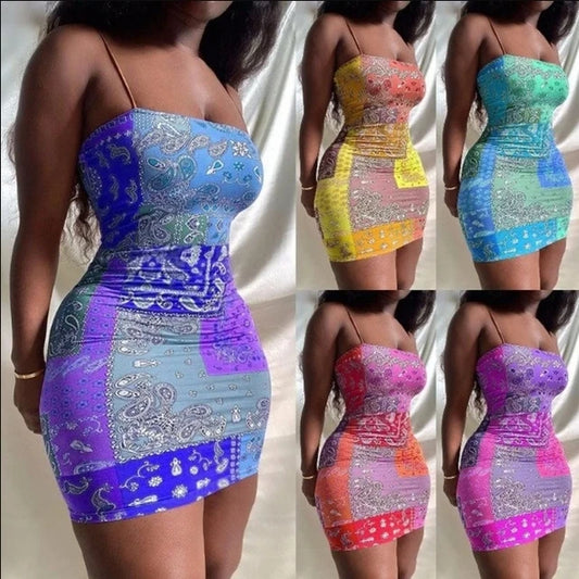 Summer Women Fashion Printed Spaghetti Strap Dress Casual Beach Dress Simple Sleeveless Club Slim Bodycon Party Short Dress Mini