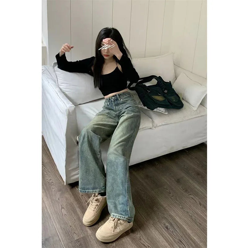 XPQBB Vintage Wide Leg Jeans for Women Streetwear High Waist Loose Straight Denim Pants Female 2024 Spring Wild Casual Trousers