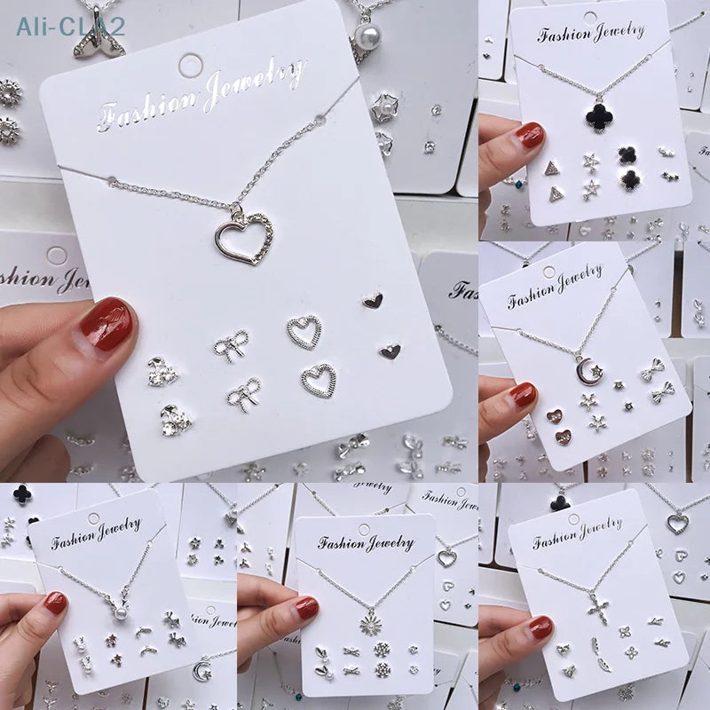 Korean Trendy Zircon Pendant Necklace with 4 Pairs Stud Earrings Fashion Jewelry Set Simple Silver Color Clavicle Chain Ear Stud