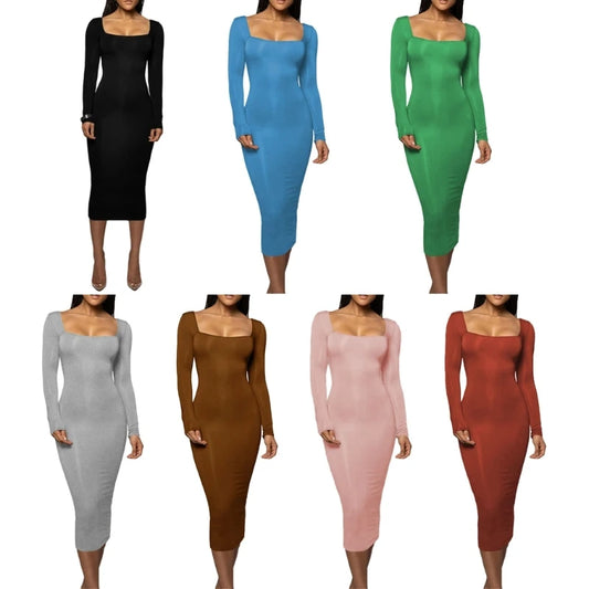Womens Winter Fall Long Sleeve Sexy Square Neck Bodycon Midi Dress Solid Long Pencil Dress Thin Fleece Dresses
