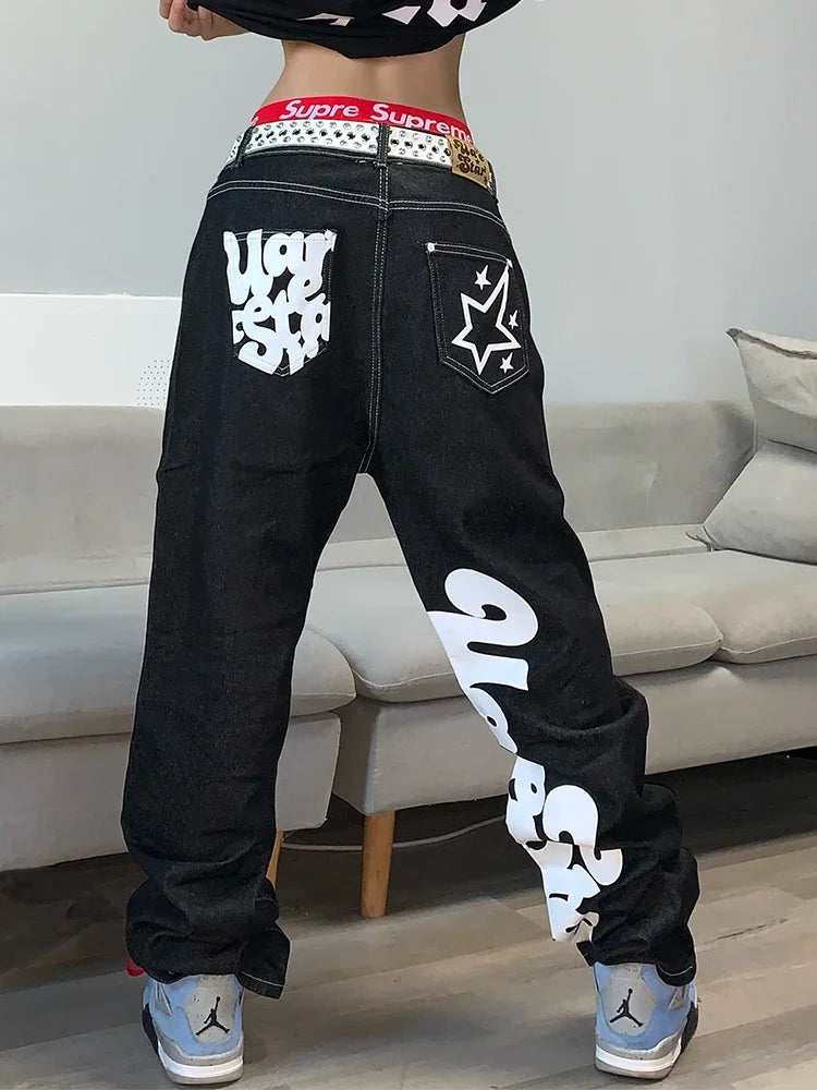 Letter Print Baggy Jeans Women  High Street Vintage Hip Hop High Waisted Jeans Woman Casual Straight Wide Leg Women Jeans