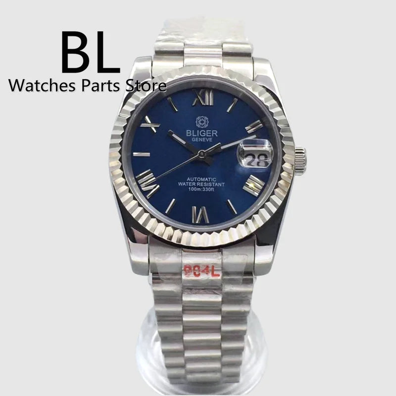 BLIGER 36mm/39mm Automatic Watch For Men NH35 Mingzhu Miyota PT5000 Movement Fluted Bezel Sapphier Glass Blue Dial  Jubile