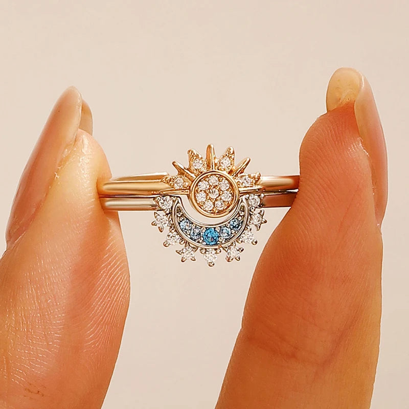 Fashion Delicate Sun Moon Opening Adjustable Rings For Women Temperament Sparkling Couple Finger Rings Wedding Jewelry Gifts