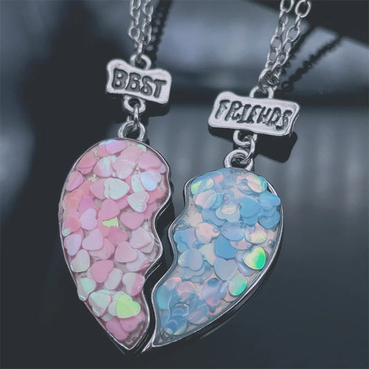 2 Pcs/Set Best Friends Necklaces For Women Sequin Heart Broken Stitching Pendant Chain For Men BFF Friendship Jewelry Gifts