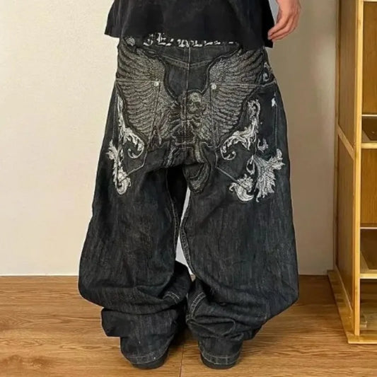 Black devil wings hip hop straight jeans y2k new high waist street skateboard Harajuku style sports fashion retro loose trousers