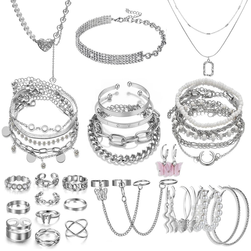 IPARAM Silver color Chain Pearl Bracelet Love Pendant Zircon Necklace Snake Butterfly Earrings Ring Fashion Jewelry Set