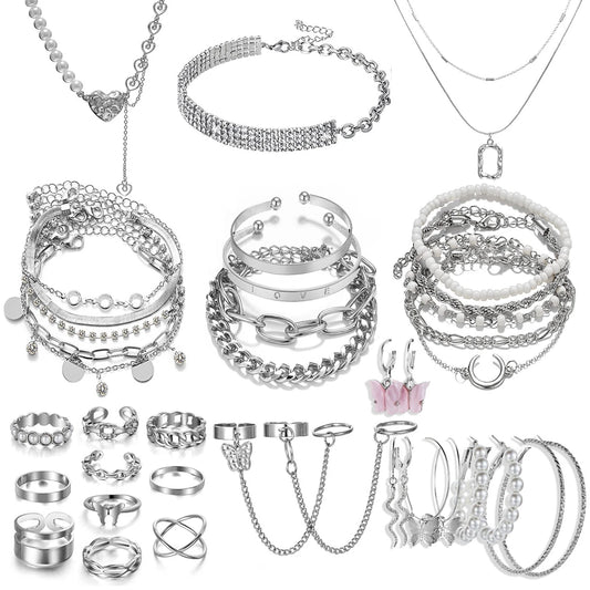 IPARAM Silver color Chain Pearl Bracelet Love Pendant Zircon Necklace Snake Butterfly Earrings Ring Fashion Jewelry Set
