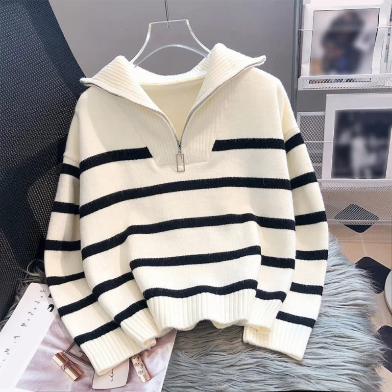 Sweater Pullover Women Spring and Autumn Underwear Zipper Stripe  Short Style Premium Sweater for Female