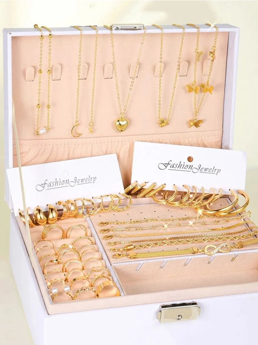 46 Pieces Gold Color Butterfly Star Chain Heart Pearl Ring Infinity Bracelets Hoop Earrings Silver Color Fashion Jewelry Set