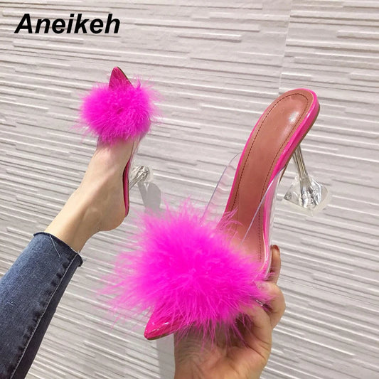 Aneikeh Summer Fashion Feather Peep Toe Mules Sandals Pumps Woman PVC Transparent Perspex Crystal High Heels Lady Slides Shoes