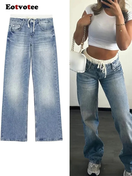 EOTVOTEE Streetwear Fashion  Blue Lace Up Pockets Jeans Women Casual Mid Waist Straight Leg Pants Y2k 2024 New All Season Jeans
