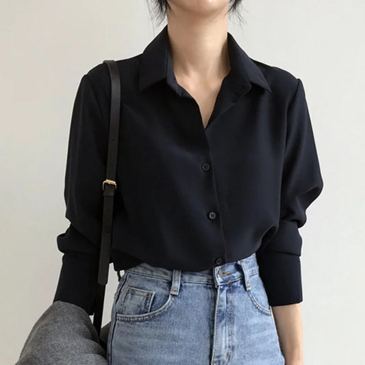 new Spring Fashion Women Tops Blouse White Blouse Bottom Shirt Black Korean Chiffon Shirt Office Lady Clothes All-match 6830