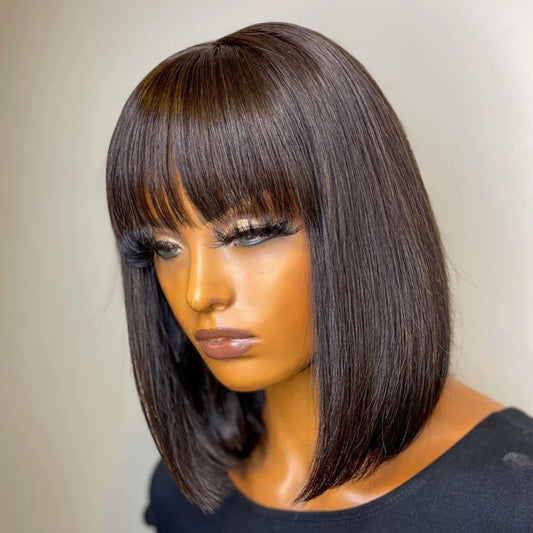 Cheap Short Straight Bob Brazilian Human Hair Wigs With Bangs Full Machine Made Wigs For Black Women Glueless Fringe Wig