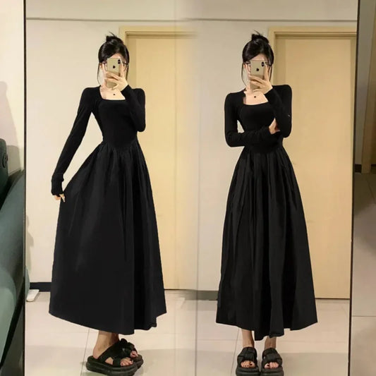 Hebon Black Long Sleeve Fitted Dress Elegant Women's Medium-length Skirt Slimming Style For Autumn/winter New Arrival