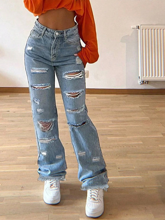 Street trend women's heart back pocket ripped slim-fit jeans