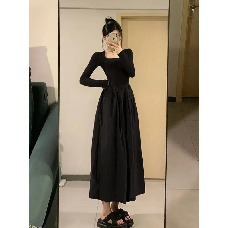 Hebon Black Long Sleeve Fitted Dress Elegant Women's Medium-length Skirt Slimming Style For Autumn/winter New Arrival
