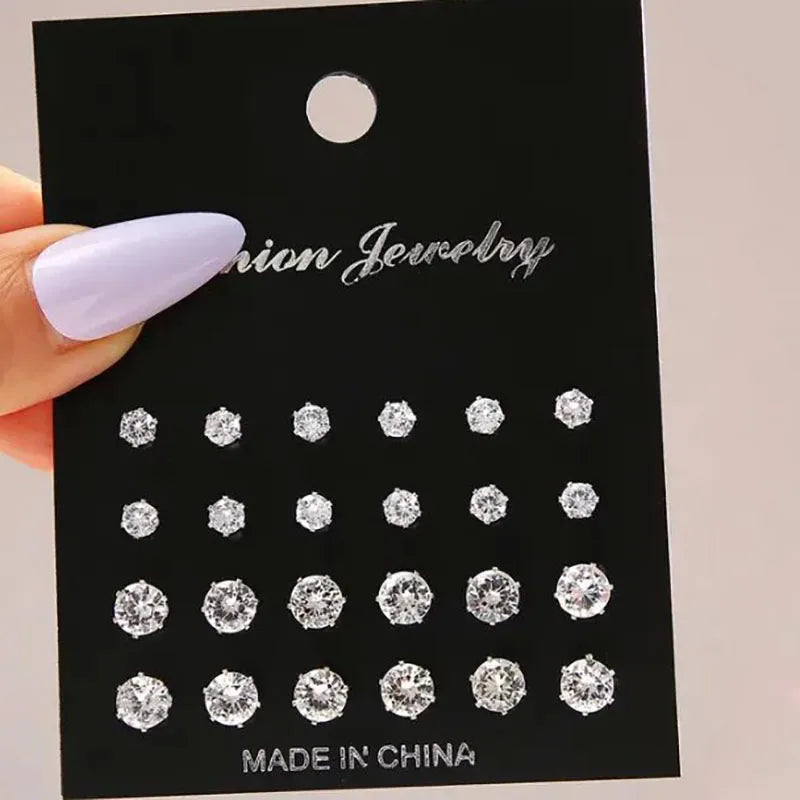 12 Pairs/Pack White Shiny Wedding Stud Earrings Set for Women Men Crystal Jewelry Accessories Minimalist Earrings Jewelry Gifts