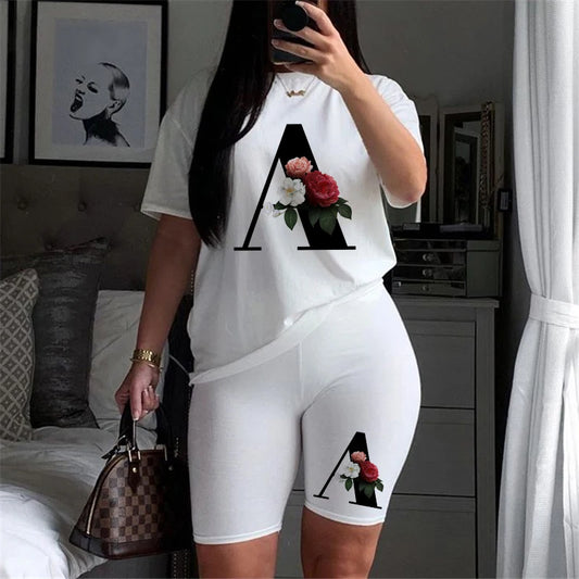 Summer Two Piece Sets Women Letter Printed T Shirts+Shorts Ensemble Femme Short Sleeve O-Neck Casual Biker Joggers Sexy Outfit
