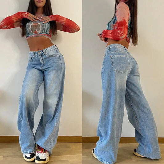 Women Jeans Denim Wide Leg Pants High Waist Washing Loose Fit Pockets Zipper Fly Flat Streewear Spring 2024 Slight Strech