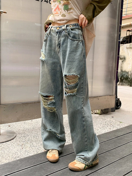 Design sense old waist button ripped jeans women's autumn new loose casual pants