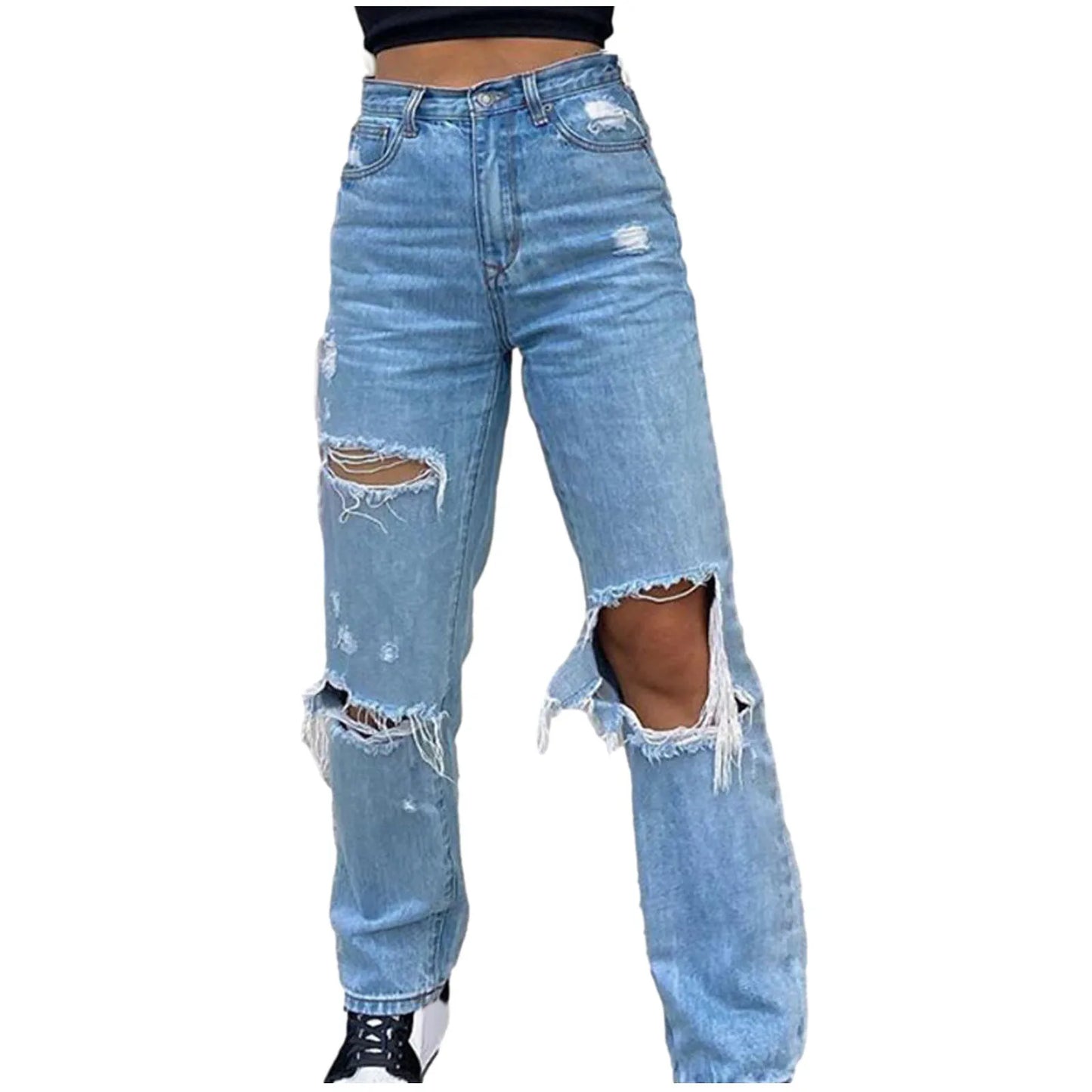2023 New Baggy Jeans Women Ripped Hole Denim Pants Streetwear High Waist Pocket Straight Trousers Loose Jeans джинсы женский