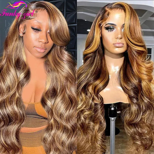 Highlight Ombre 13x4 Lace Front Body Wave Wigs Human Hair 4/27 Transparent Full Frontal Wig Pre Plucked Brazilian Highlight Wigs