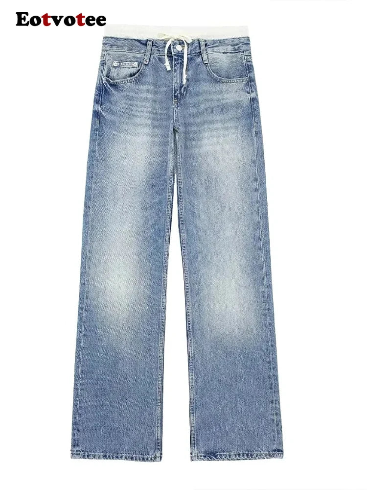 EOTVOTEE Streetwear Fashion  Blue Lace Up Pockets Jeans Women Casual Mid Waist Straight Leg Pants Y2k 2024 New All Season Jeans
